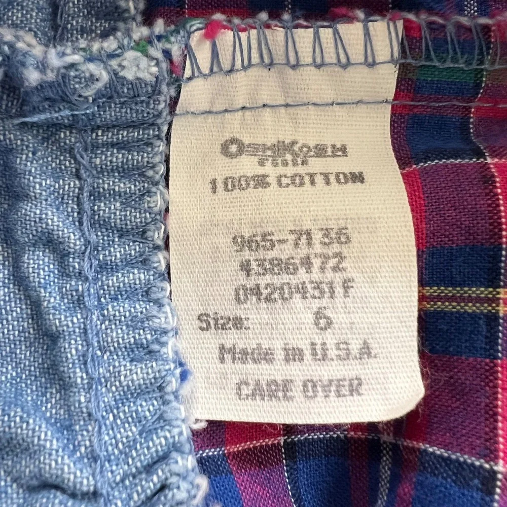 Vintage 90s Oshkosh B'gosh Girls Denim Heart Plaid Pinafore Jumper Dress Size 6